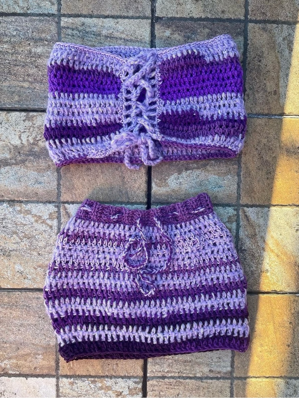 Handmade Crochet Purple Ombre Lace-Up Bandeau & Midi Skirt Set | | Size M